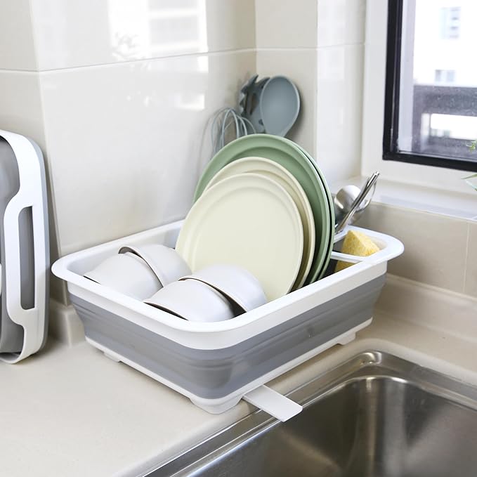 Collapsible Dish Drainer with Drain Plug and Swivel Spout, Space-Saving, Portable Dish Rack for Kitchens, RVs, Campers and Travel Trailers