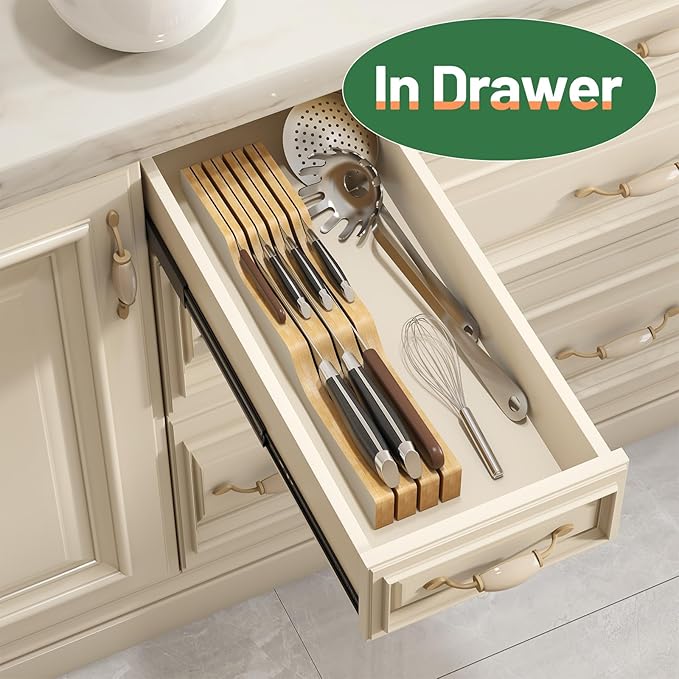 Knife Drawer Organizer, Bamboo Wood Knife Holder, White Knife Block Fit for 7 Knives