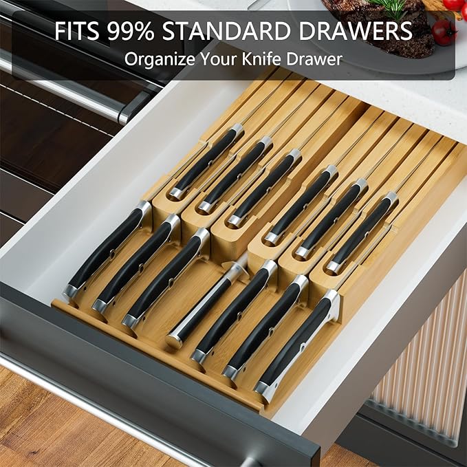 Domax Bamboo In-drawer Knife Block - Kitchen Knife Drawer Organizer Insert, Steak Knife Holder Without Knives, Drawer Knife Organizer Fits for 12 knives and 1 Sharpening Steel (Not Included)