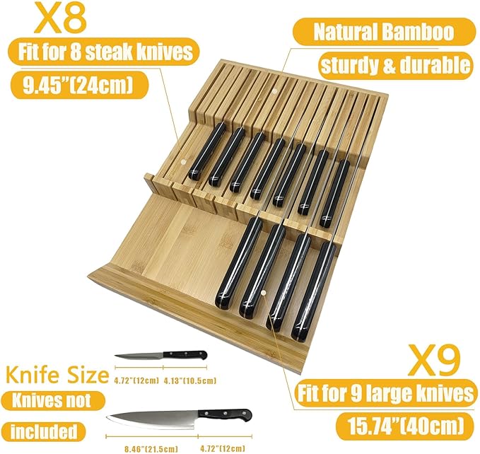 Bamboo In-Drawer Knife Block, 17 Slot Large Capacity Knives Organizer, Upper and Lower Kitchen Steak Knife Storage Rack - Holds 8 Short + 9 Long Knives