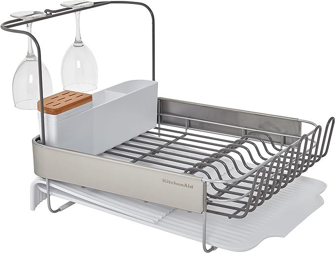 KitchenAid Full Size Compact to Full Capactiy Expandable Rust Resistant Dish Rack, with Self Draining Angled Drainboard and Removable Flatware Caddy, 24-Inch, White