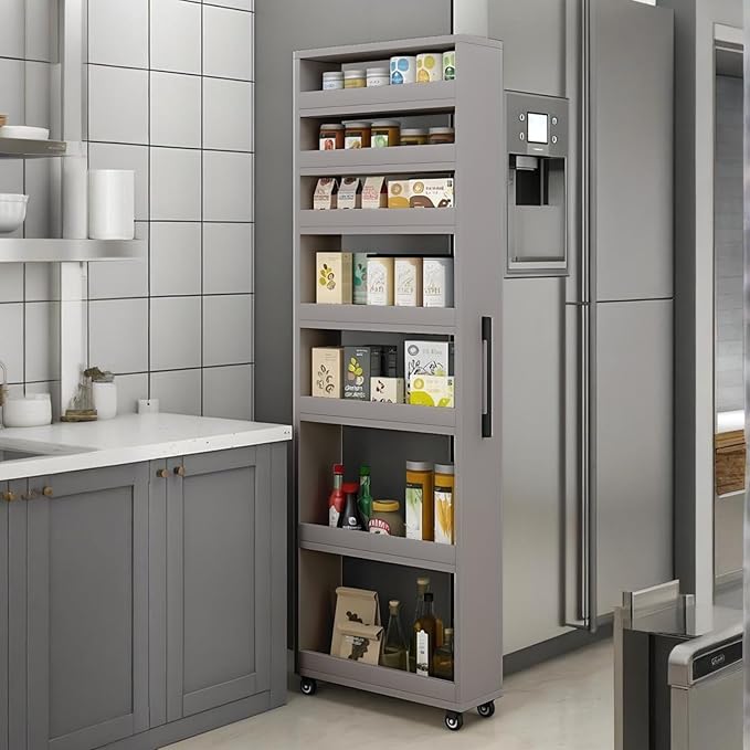 7 Tier Standing-Shelf with Wheels, 5.9/7.9/9.8'', Wooden Slim Storage Cart, Thickened Plate, Scratch-Resistant and Wear-Resistant, for Home, Kitchen, Bakers, Closet, Pantry, Dining Room