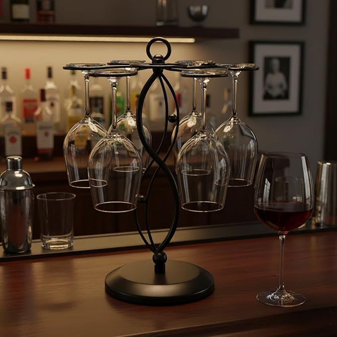 MyGift 6-Hook Rotating Wine Glass Rack with Sturdy Base & Scrollwork Design - Black Metal Countertop Stemware Holder | Rust-Resistant, Space-Saving Storage for Kitchen, Bar, Dining Table (13.75" H)