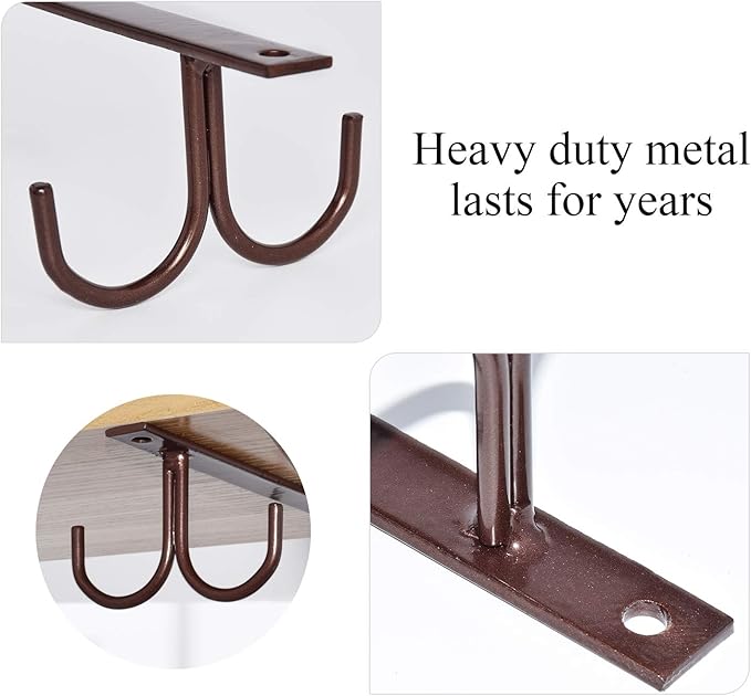 MOCOUM Under Cabinet Mug Rack, Rustic Mug Organizer Rack Cup Holder Under Shelf 12 Hanging Hooks Rack for Mugs, Coffee Cups and Kitchen Utensils Display (Brown-3 Pack-12 Hooks)