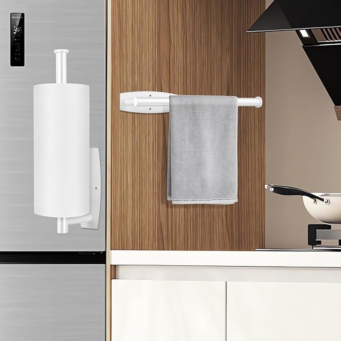 White Paper Towel Roll Rack - Under Cabinet Stainless Steel Towel Holder - Self Adhesive or Drilled Mount - 200 lbs Max Weight