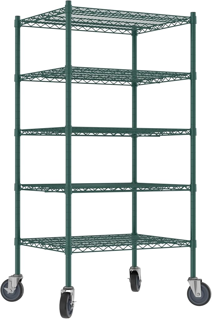 Commercial NSF Listed Green Epoxy Mobile Wire Shelving Kit 24" x 30" x 60", with 5 Shelves Perfect for Warehouse, Walk-in Refrigerator, Freezer, Grocery Store, Restaurant, Dishroom