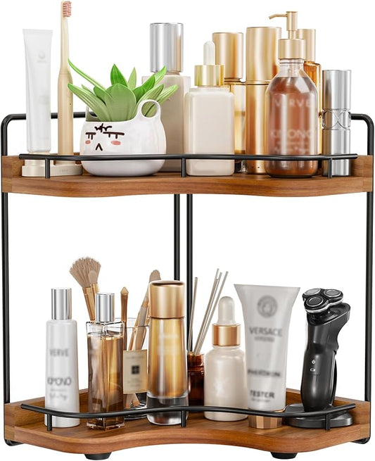 2-Tier Corner Bathroom Counter Organizer with Embedded Screw Holes, Secure & Stable Wood Vanity Shelf for Makeup and Skincare Essentials - Space Saving Bathroom Countertop Storage(Acacia wood-Brown)