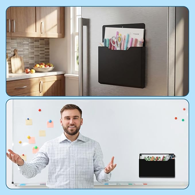 Fuutreo 6 Pcs Magnetic Wall File Organizer Magnetic Wall File Holder Refrigerator Magazine Holder for Mail Letters Paper (Black,8.3 x 13.8 Inch, 12.2 x 9.4 Inch)