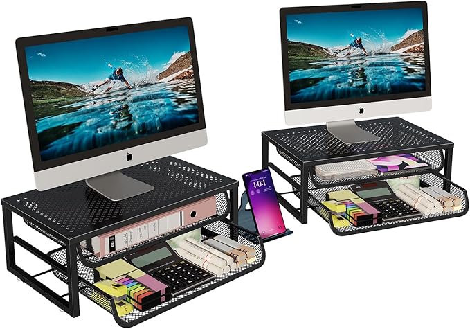 2 Pack Desk Organizer and Accessories, 2-Tier Metal Computer Monitor Stand Riser with Drawer, Desk Accessories & Workspace Organizers for Home Office Supplies, Black
