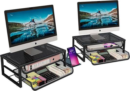 2 Pack Desk Organizer and Accessories, 2-Tier Metal Computer Monitor Stand Riser with Drawer, Desk Accessories & Workspace Organizers for Home Office Supplies, Black