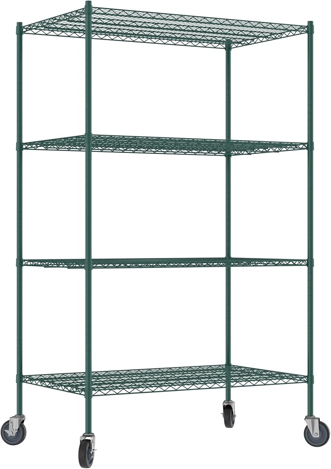 Commercial NSF Listed Green Epoxy Mobile Wire Shelving Kit 30" x 48" x 80", with 4 Shelves Perfect for Warehouse, Walk-in Refrigerator, Freezer, Grocery Store, Restaurant, Dishroom