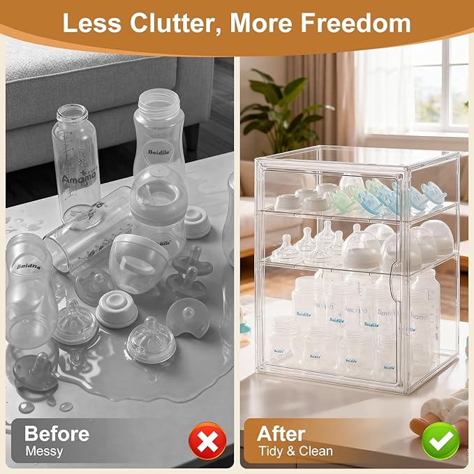 Baby Bottle Organizer – 3 Tier Acrylic Bottle Storage Organizer container, Clear Plastic Bottle Station Organizers Drawers for Countertop Kitchen Cabinet Vanity, Bathroom