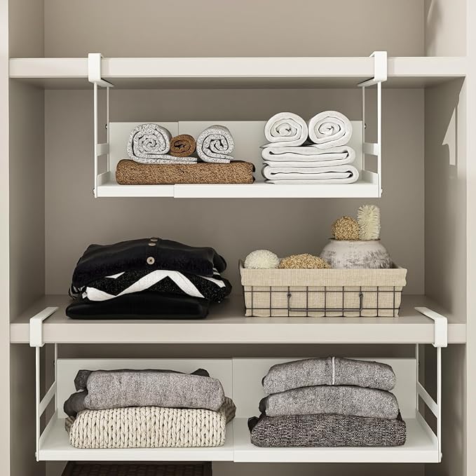 Expandable Under Cabinet Shelf Organizer with 0.94-Inch Thick Clips, Heavy Duty Extendable Under Shelf Storage Basket for Pantry or Laundry Room, White, 1 Pack, Interior: 5.7" H x 7.2" D