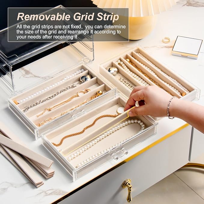 Necklace Holder Organizer, Dustproof Necklace Box Velvet Necklace Organizer Box with Lid Clear Acrylic Dustproof Stackable Jewelry Displays for Necklaces Chain Display (Beige, 3 Drawer)