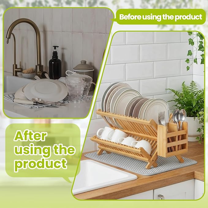 6 Pcs Kitchen Organizer Accessories Set 2 Tier Bamboo Collapsible Dish Drying Rack with Utensil Holder Dish Drying Plate Rack and Mat for Cabinet Pot Lid, Bowl, Cup, Chopsticks, Utensils