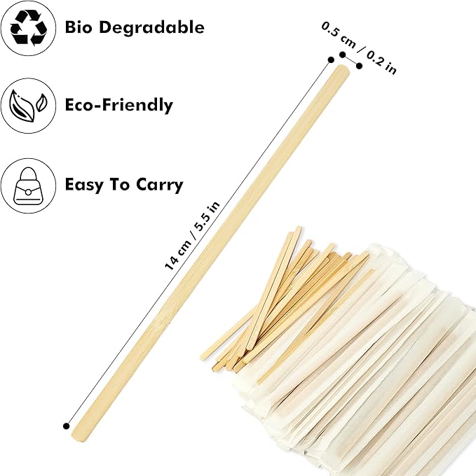 100pcs Bamboo Coffee Stirrers Individually Wrapped, 5.5 Inch Disposable Wood Swizzle Stick Beverage Mixer, Eco Friendly Long Wood Stir Sticks for Mixing Cocktail Hot Chocolate Drinking Tea