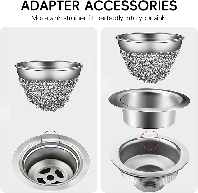 Kitchen Sink Strainer (1-Set Silver): with Adapter, Flexible Insert Chain Mesh Screen. 304 Stainless Steel, Clog-Free Catcher for Universal Sizes (Garbage Disposal)