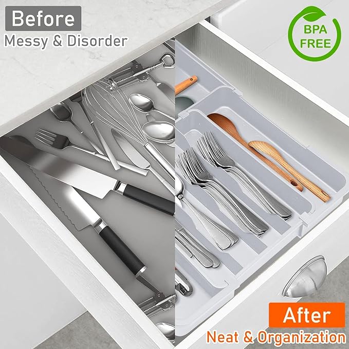 Silverware Organizer Expandable Utensil Drawer Organizer Adjustable Drawer Organizer, Flatware Cutlery Silverware Tray for Spoons Forks Knives Kitchen Organizers Storage (Gray)