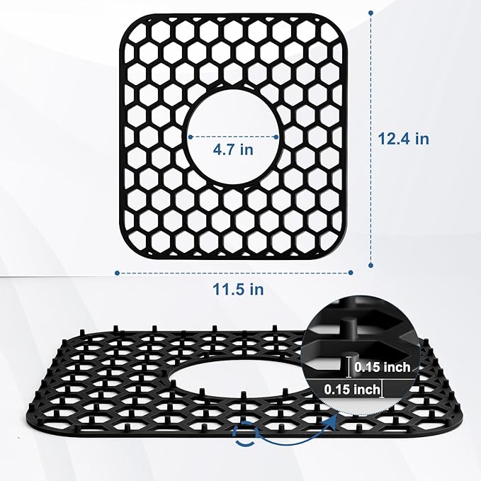 Bestjing Silicone Sink Protectors for Kitchen Sink - 12" x 11" Kitchen Grid Accessory, Non-Slip Heat-Resistant Mat for Bottom of Porcelain Stainless Steel, Dishwasher Safe (Black)