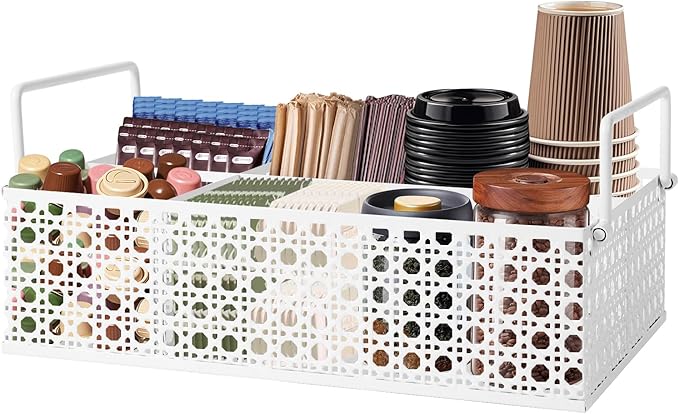 Metal Coffee Bar Organizer Countertop With Handles, Station Accessories, Pods Holder, and Tea Condiment Organizer - Mesh White