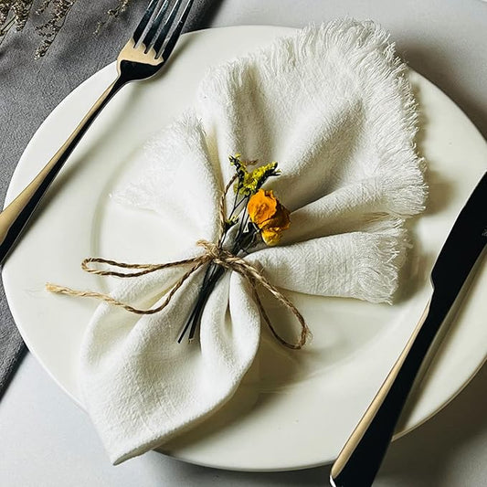 Handmade Cloth Napkins with Fringe,18 x 18 Inches Cotton Linen Napkins Set of 4 Versatile Handmade Square Rustic Fringe Napkins for Dinner, Wedding and Parties, White