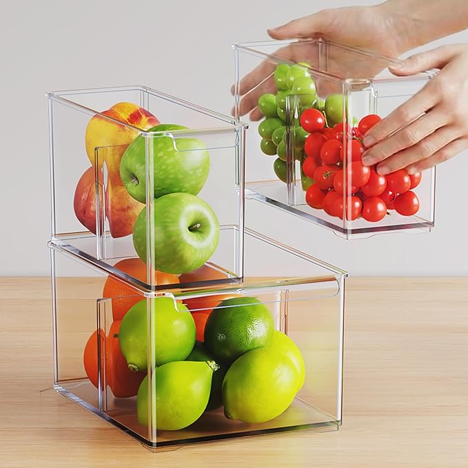 Clear Plastic Storage Bins 3 Pack, Stackable Storage Containers with Dividers, Tall 6" Thicken Storage Drawer Organizer Boxes for Pantry Kitchen Cabinets Fridge Vanity Makeup Craft C6-1