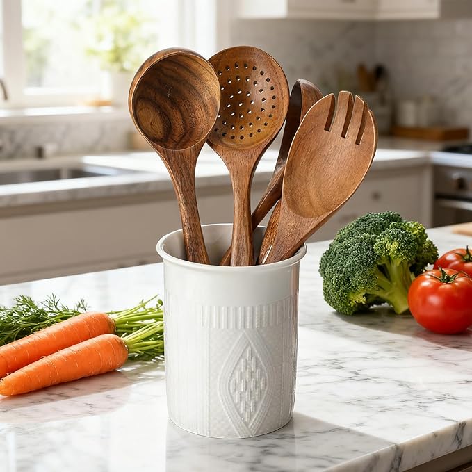 5.2" Cooking Utensil holder，Ceramic Kitchen Utensil Holder，White Utensil Crocks for Spatula Spoon Stick Straw Teaspoon (white, 1)