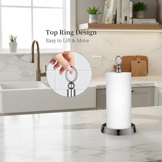 Paper Towel Holder With Heavy Weighted Base - Steel Countertop Stand for Kitchen, Bars & Dining Tables - Fits Standard & Jumbo Rolls - Brushed Nickel