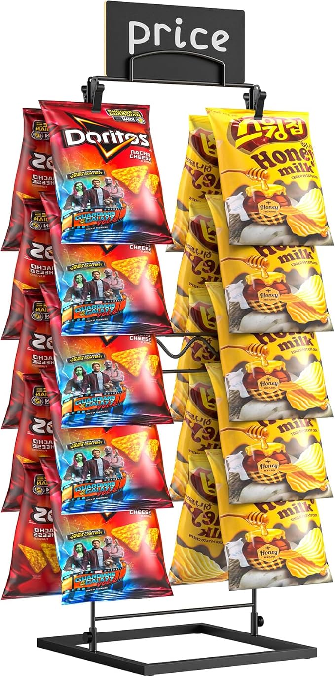 TJ.MOREE Chip Rack Display Stand, Chip Bag Holder for Party Display 2-Row 32Clips Countertop Snack Hanger, Snack Retail Display Rack for Party, Countertop