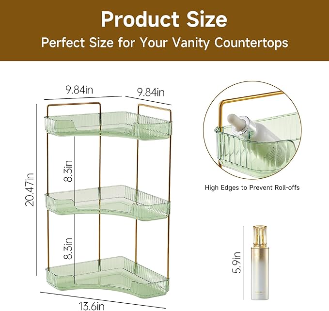 3-Tier Corner Bathroom Counter Organizer, Plastic Countertop Makeup Organizer, Large Capacity Vanity Bathroom Perfume Shelf Rack for Kitchen Office Desktop (Green)