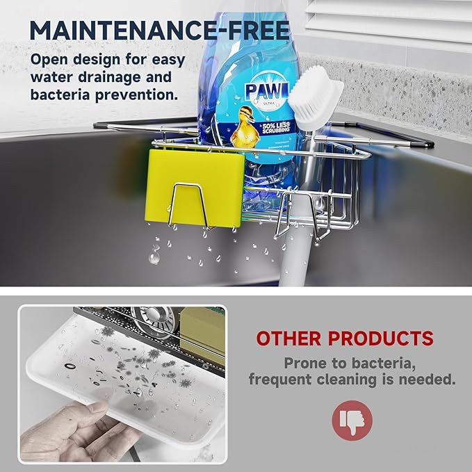 NiHome Extendable Arm Stainless Steel Kitchen Sink Corner Caddy, Easy Install Space-Saving Adjustable Sponge Holder for Most Square Standard Sinks, Non-Slip Rust-Resistant for Brushes, Soap, Sponges