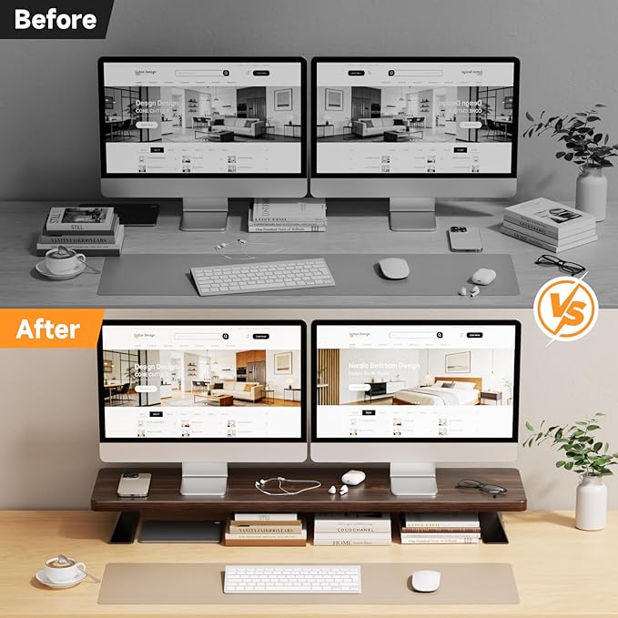 Dual Monitor Stand Riser, 39 Inch Large Wood Monitor Stands for 2 Monitors, Desk Monitor Riser for Computer/Laptop/Printer/TV, Stand Riser up to 220 lbs