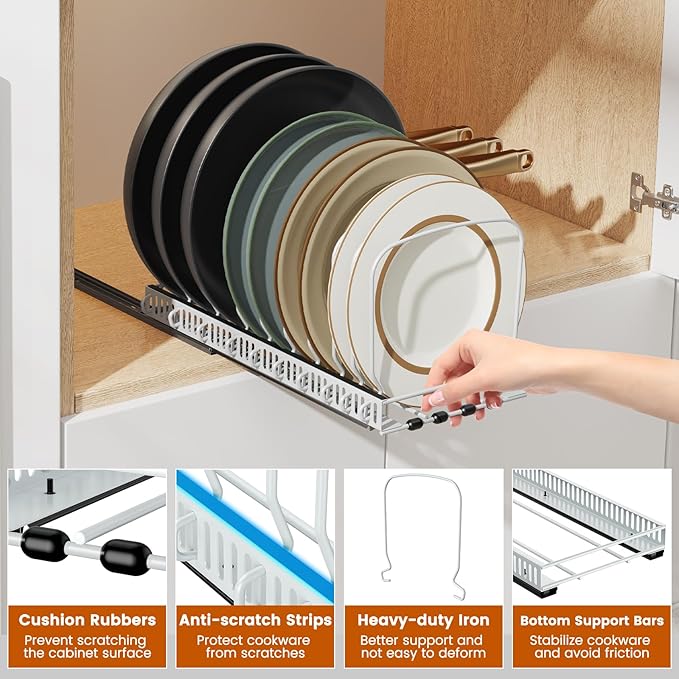Housolution 1 Pack Baking Tray and Cookie Sheet Organizer, Cutting Board Organizer with 2 Using Methods, Bakeware Muffin Tin Storage Rack with 10 Adjustable Dividers for Cabinet, White