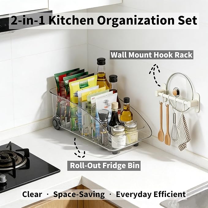 Refrigerator Organizer Bin with Wheels and Adhesive Utensil Holder Wall Mount Kitchen Rack Rail with 4 Hooks, Roll Out Pantry Storage with Dividers, Fridge Organizers and Storage