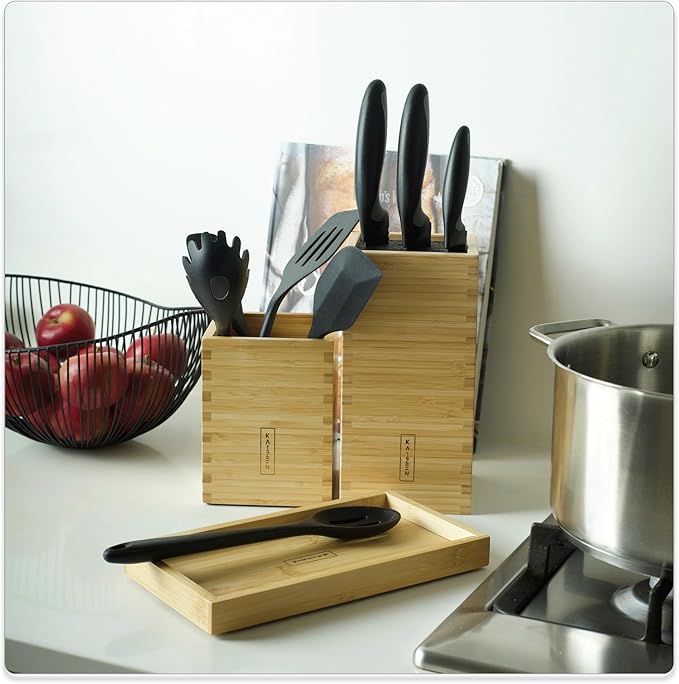 KAIZEN Bamboo Knife Block Without Knives - Perfectly Sized Universal Knife Holder for Knives, Scissors - Unique Knife Storage for Counter Top with Anti-Slip Base (Natural)