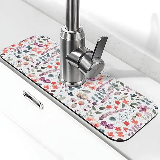 Vintage Watercolor Floral Flowers Abstract Leaves Kitchen Sink Splash Guard Faucet Mat Super Absorbent Fast Drying Mat Sink Gadgets-Fast Drying Pad Sink Mat For Kitchen Bathroom (15" X 5.5" )