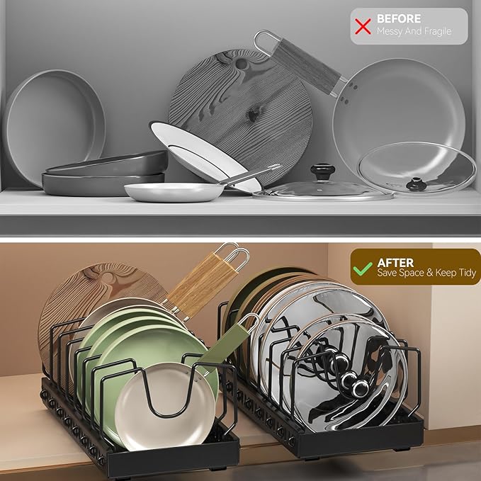 2Pack Black Pot Lid Organizer, Pull-out Pots and Pans Organizer Under Cabinet Pot Lid Holder for Kitchen, Sliding type Pots and Pans Storage, 8 Adjustable Dividers