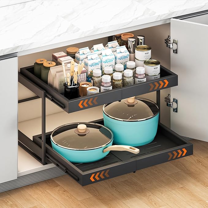 2-Tier Expandable Pull Out Cabinet Organizer, 21" Deep Heavy-Duty Slide Rail Slide Out Drawer Organizers with Adhesive Nano Film for Pots, Roll out Shelf Storage for Kitchen & Pantry Storage,White