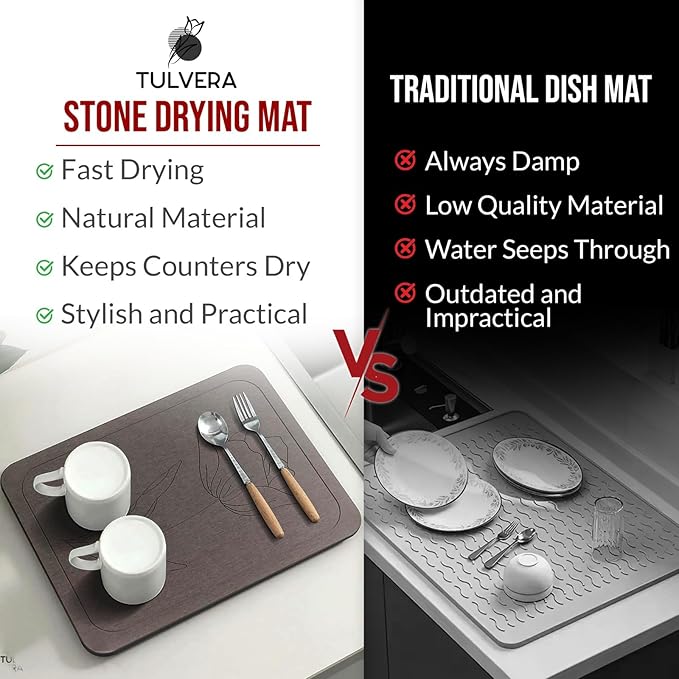 Stone Dish Drying Mat for Kitchen Counter – Diatomaceous Earth Drying Mat | Fast-Absorbing, Minimalist Design, Durable Diatomite | Non-Slip, Heat Resistant, Easy-to-Clean | 16"x12" | USA Brand