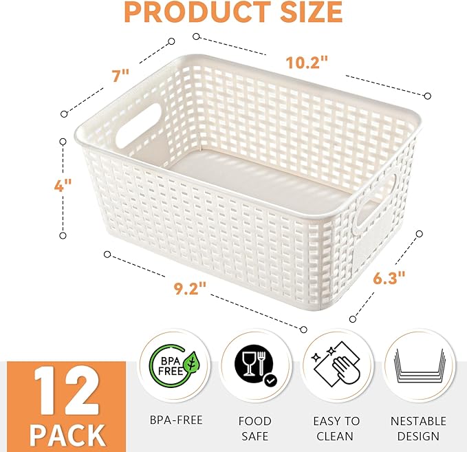 12 Pack Plastic Storage Baskets for Organizing, Storage Baskets with Handles, Plastic Storage Bins with Labels, Organizer Baskets for Kitchen, Pantry Organizers and Storage,Cabinet,Closet
