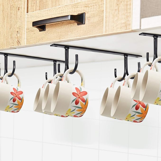 MOCOUM Under Cabinet Mug Rack, Rustic Mug Organizer Rack Cup Holder Under Shelf 12 Hanging Hooks Rack for Mugs, Coffee Cups and Kitchen Utensils Display (Black-3 Pack-12 Hooks)