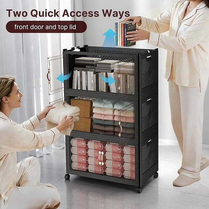 VNVTO 640Qt Stackable Storage Bins with Lids, 4 Pack Large Collapsible Bins with Wheels, Plastic Cabinet with Doors, Foldable Closet Organizers and Storage for Home, Dorm, Office, Black