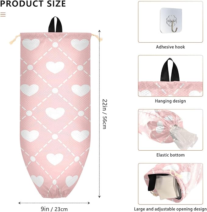 Plastic Bag Holder Wall Mount Grocery Bag Shopping Bag Storage Holder Organizer Dispenser with Adhesive Hook,for Kitchen Bathroom Home Decor 9x22inches Pink Heart
