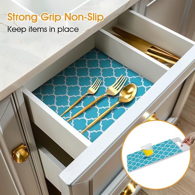 Shinlendid Shelf and Drawer Liner for Kitchen Cabinets Non-Adhesive, Strong Grip Non-Slip Thickened Cabinet Liners for Shelves, Waterproof Mats for Dresser Cupboard, Green/White, 12 in x 10 Feet