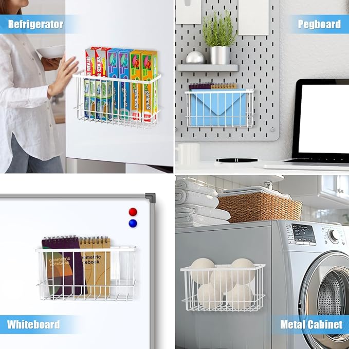 NiHome Magnetic Metal Basket Organizers, Dryer Ball Holder, 2PCS Medium & Small, Versatile Storage for Kitchen & Office Holds Up to 14 lbs, Easy Attach to Refrigerator or Any Magnetic Surface (White)