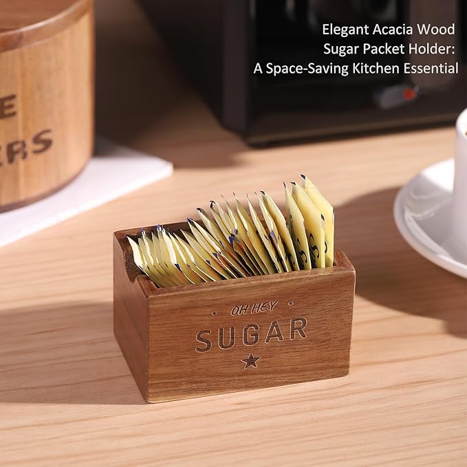 Sugar Packet Holder For Coffee Bar, Acacia Wood Sugar Packets Caddy, Farmhouse Sugar Cube Holder, Small Sugar Container Tea Bag Organizer for Table, Office,Hotel, Restaurant