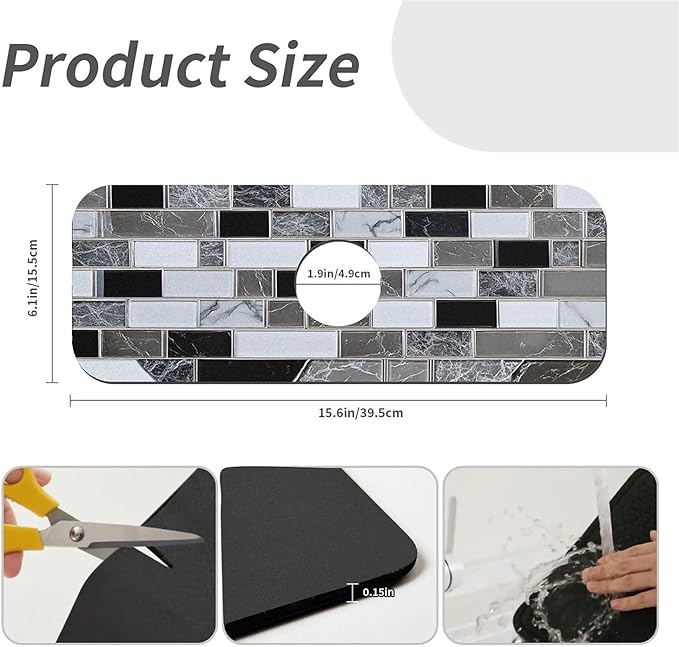 Kitchen Sink Splash Guard，White-black gray tiles Faucet Mat Sink Gadgets-Super Absorbent Fast Drying Mat Drip Catcher for Kitchen, Bathroom,Sink Mat, Dish Drying Mat, Bathroom(15" X 5.5" )