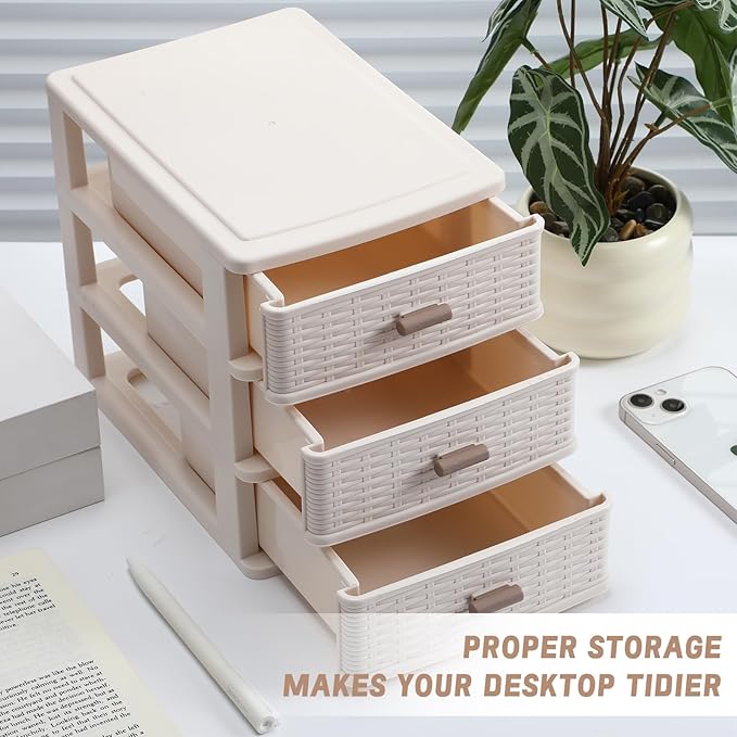 Small Storage Desk Drawer 3 Drawers Plastic Storage Mini White Plastic Weave Drawer Unit with Pull Handles Desk Organizer Small Bin Container for Office Supplies Craft Countertop Makeup Bathroom