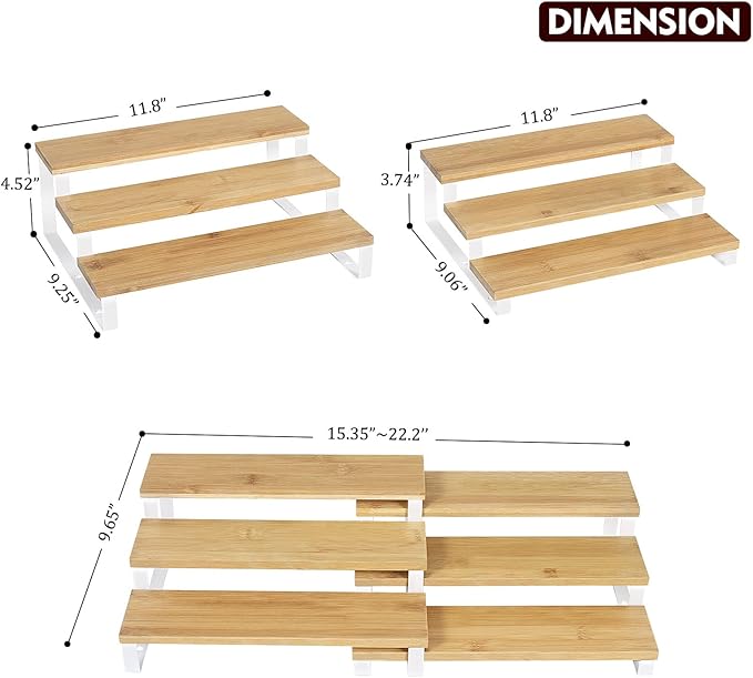 2 Pack Expandable Spice Rack Organizer for Cabinet – 3 Tier Wood & Metal Shelf Spice Rack, Adjustable Seasoning Organizer for Kitchen Counter, Pantry or Bathroom Storage, White Frame