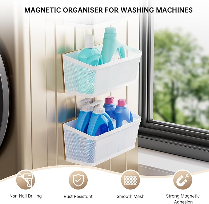 2-Pack Magnetic Shelves for Washing Machine, Heavy Duty Mesh Magnet Basket Organizer for Laundry Room Organization, Multi Metal Storage Shelf and Refrigerator Spice Rack Holder (White, Large)